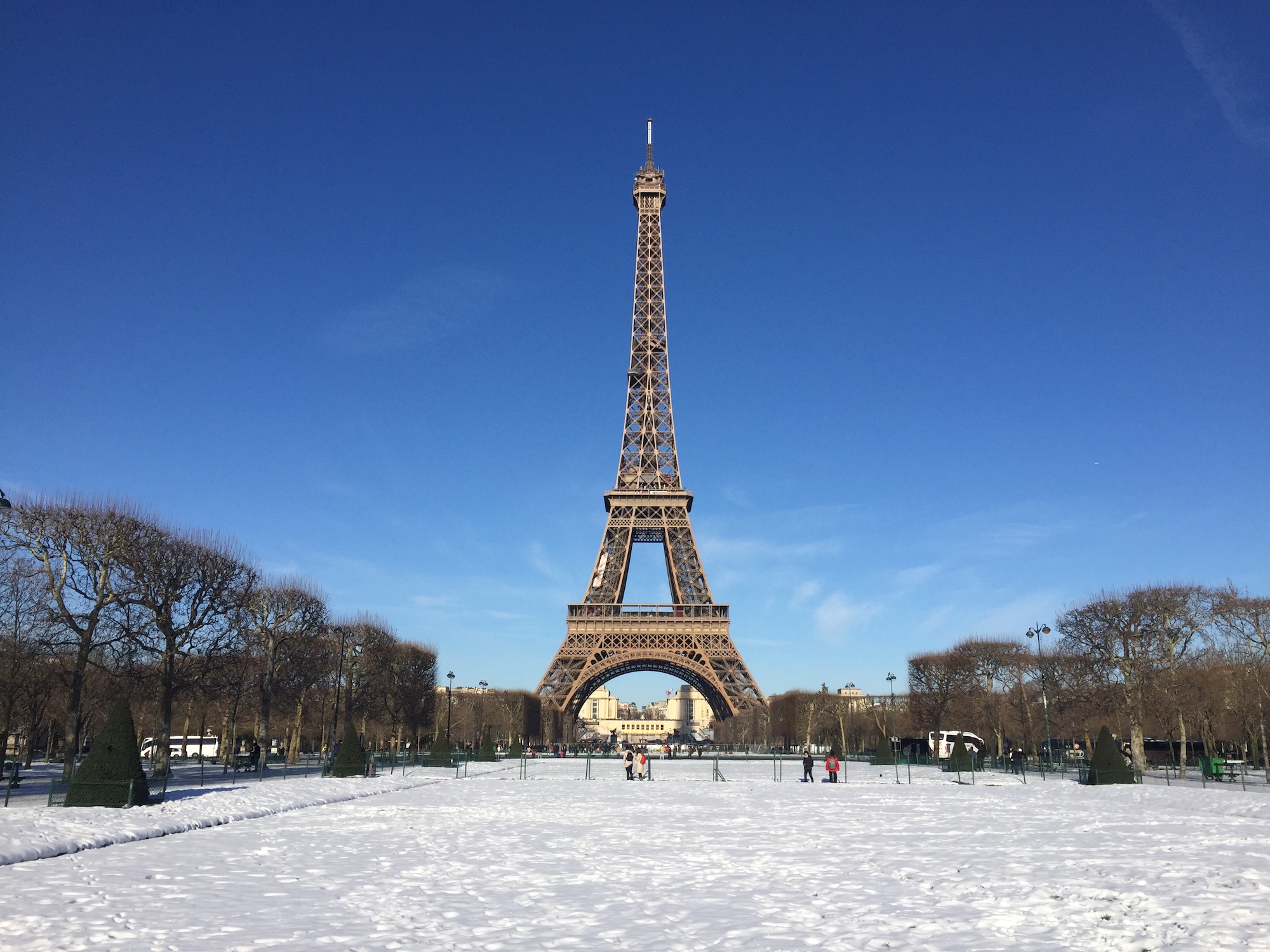 Champs de Mars and Eiffel Tower covered in snow